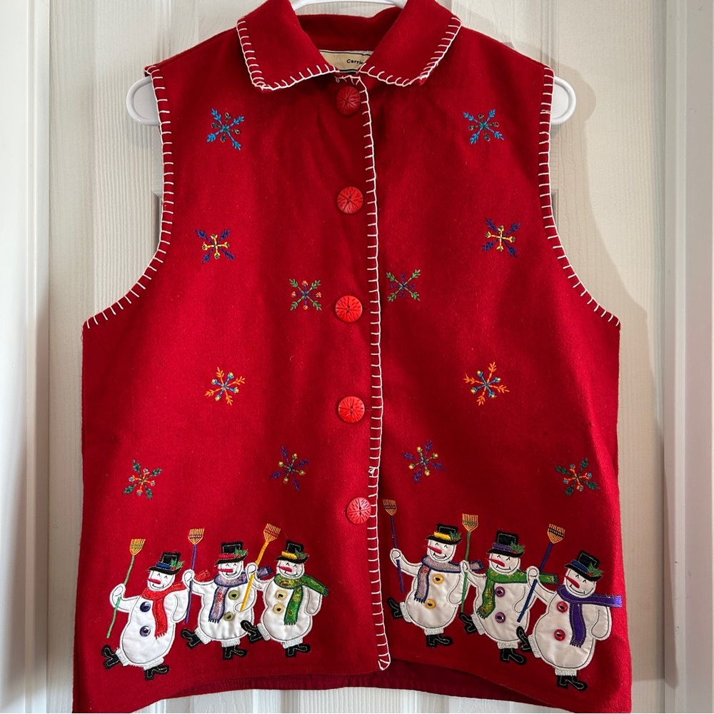 Carrie Allen Vintage‎ Red Snowman Holiday Vest Women’s Large Wool Blend